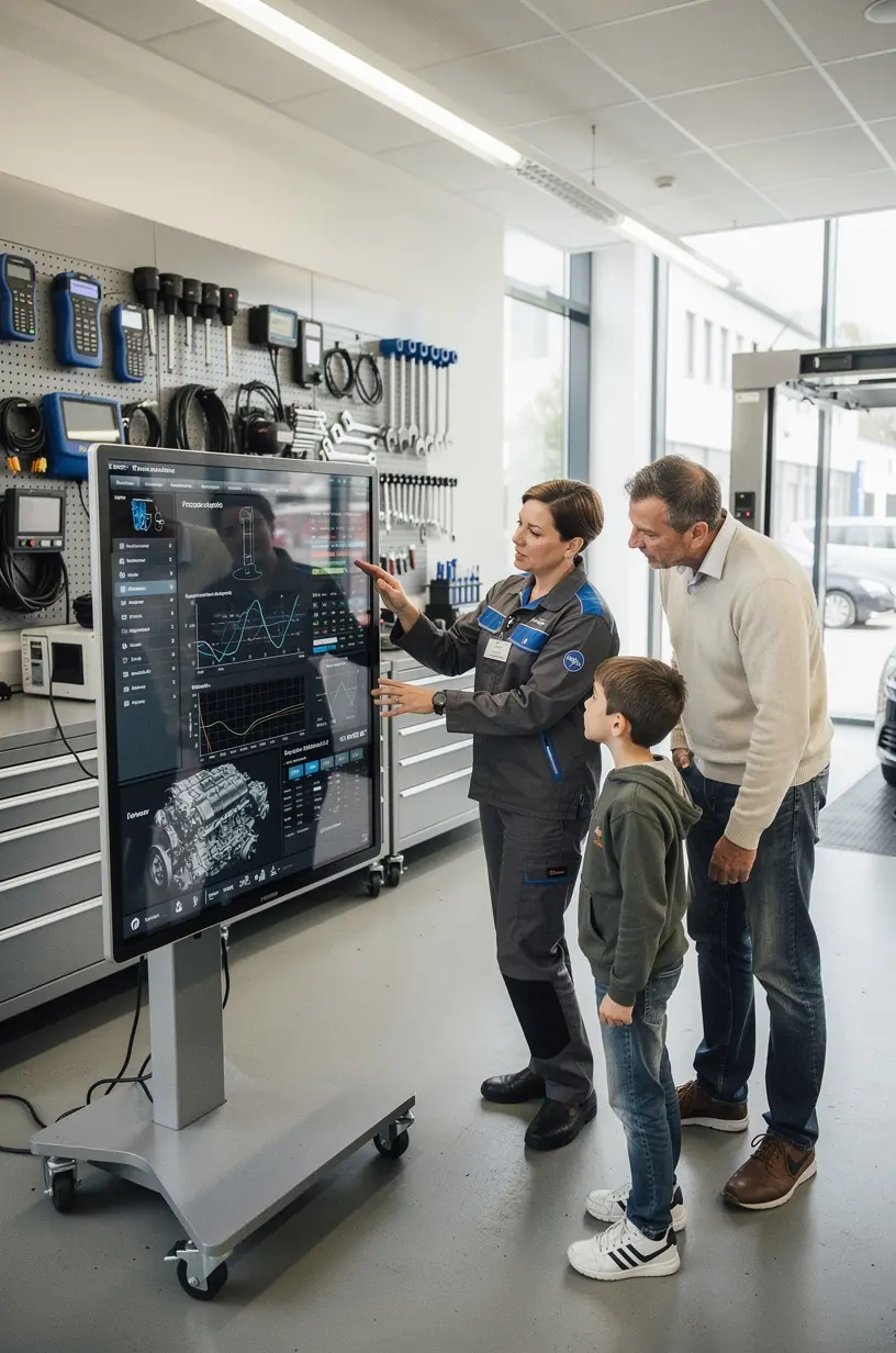 Nahaufnahme eines digitalen Diagnosegeräts mit Fahrzeugdatenanzeigen zur Überprüfung von Motor- und Sicherheitssystemen.